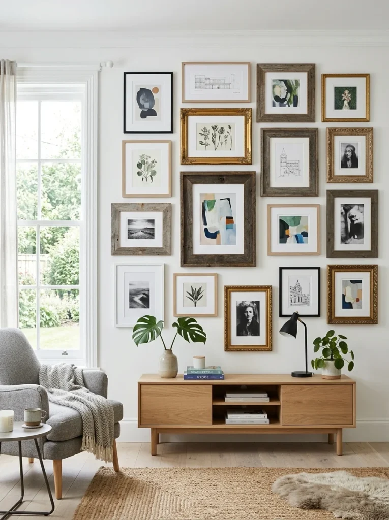 Different picture frame styles unified by matching white mat boards.