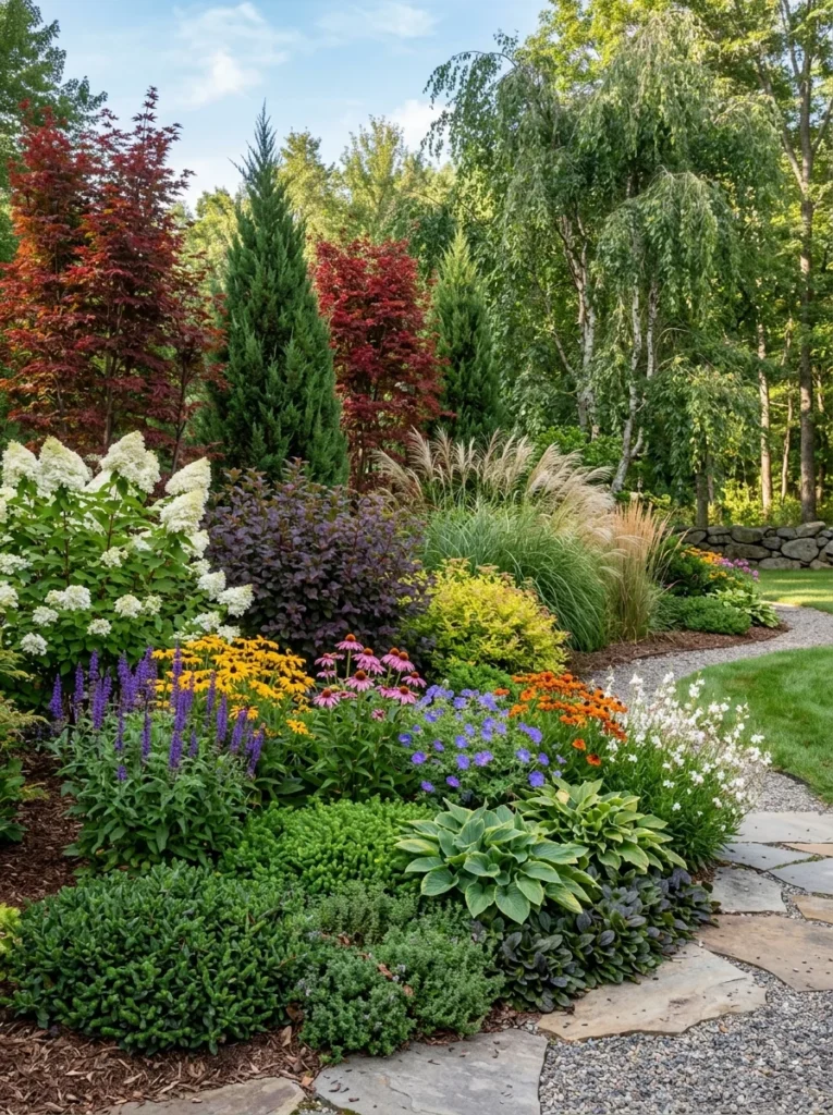 Layered garden with trees, shrubs, flowers, and groundcover creating depth and visual interest.