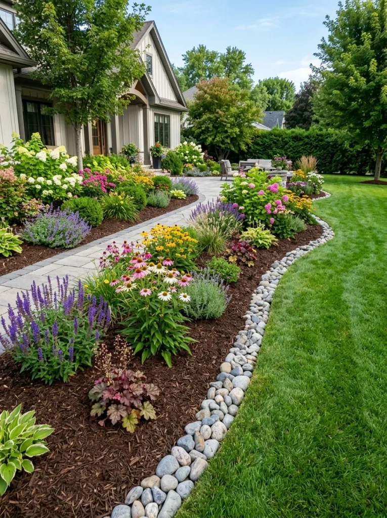 Fresh mulch and clean edging creating a polished professional landscape design.