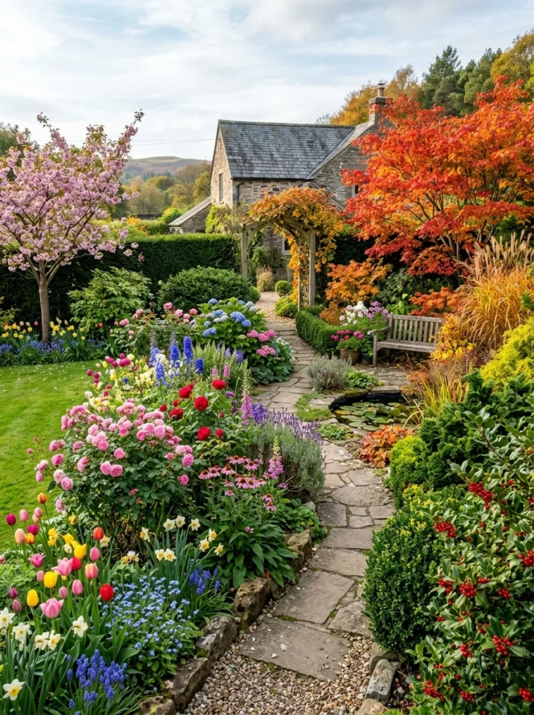 Garden designed with plants providing beauty throughout every season of the year.