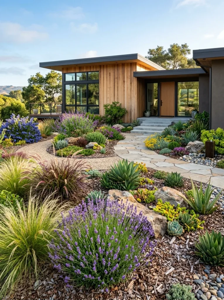 Garden filled with native drought-tolerant plants requiring very little maintenance.