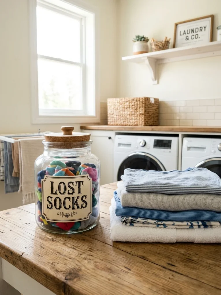 Decorative container for storing unmatched socks.