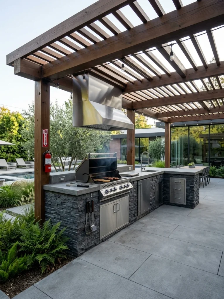 Outdoor grill installed with proper roof and pergola clearance for safe ventilation.