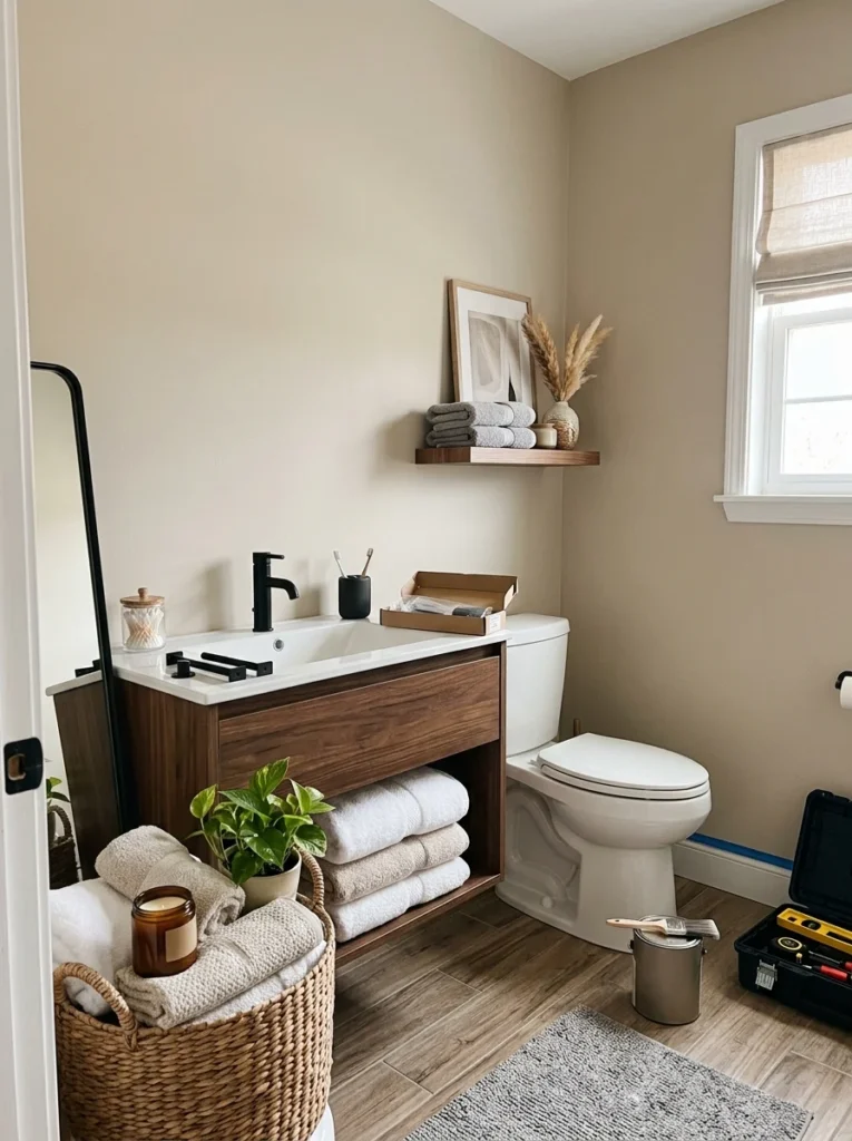 Guest bathroom being refreshed with paint, modern accessories, and stylish decor during a budget makeover.