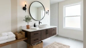 Modern guest bathroom makeover featuring fresh paint, new mirror, stylish vanity, and elegant decor without a full renovation.