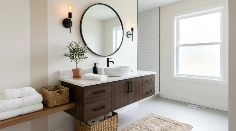 Modern guest bathroom makeover featuring fresh paint, new mirror, stylish vanity, and elegant decor without a full renovation.