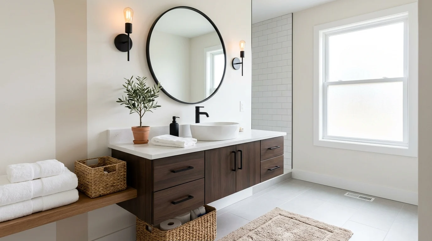 Modern guest bathroom makeover featuring fresh paint, new mirror, stylish vanity, and elegant decor without a full renovation.