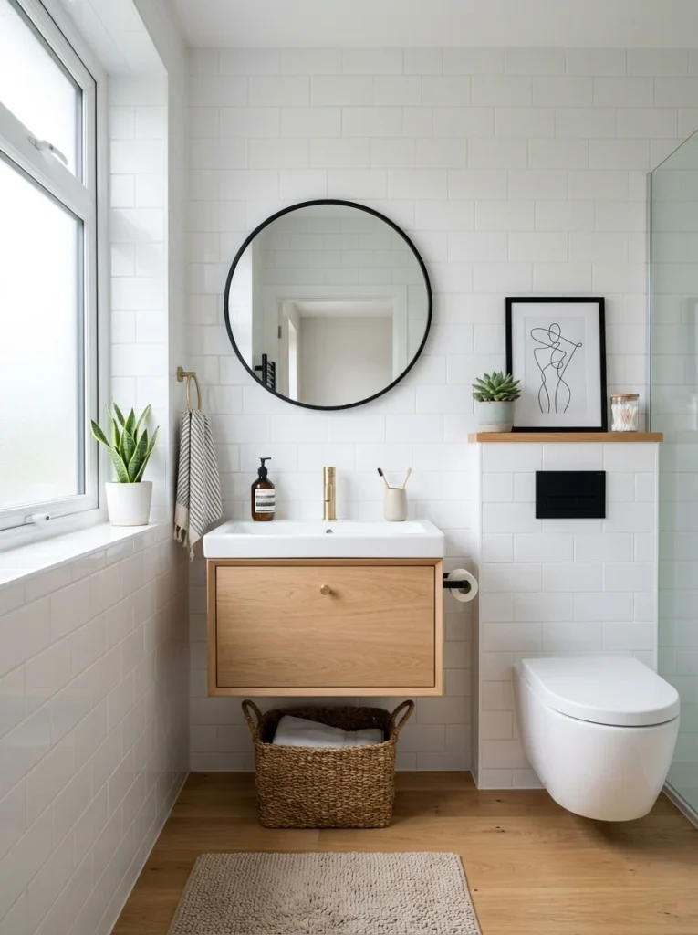 Guest bathroom decorated with ceramic subway tiles.