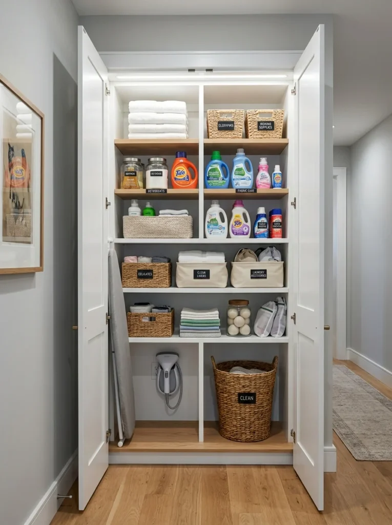 Nearby hallway closet repurposed for laundry storage.