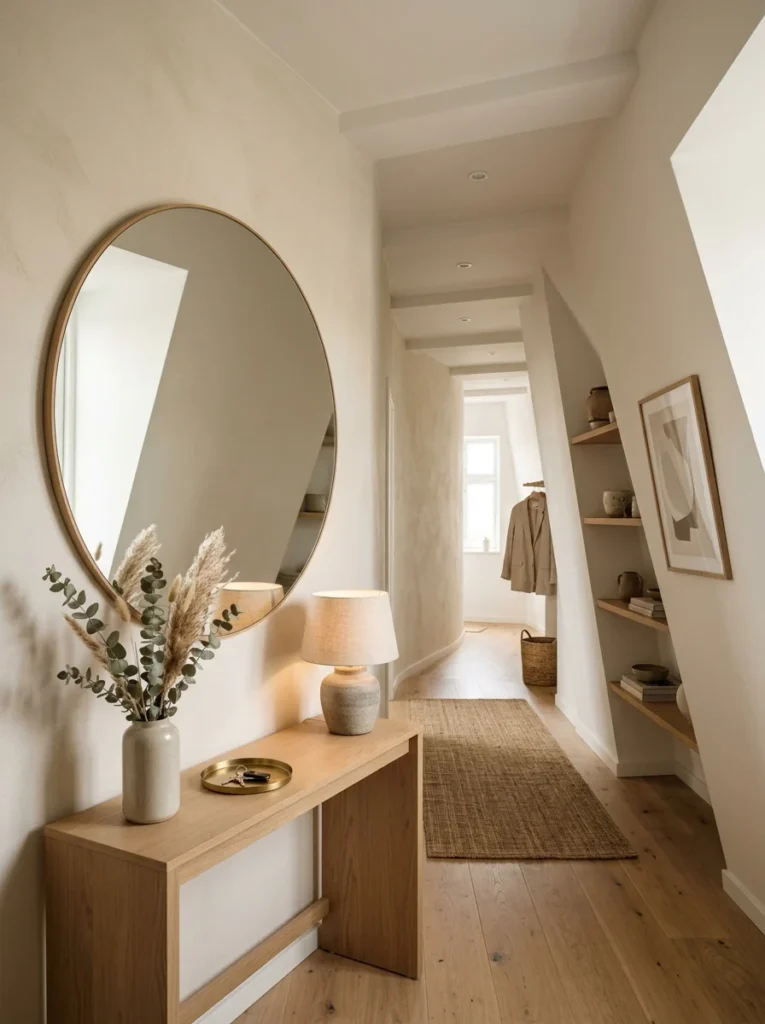 Round mirror creating balance in an unusually shaped hallway.
