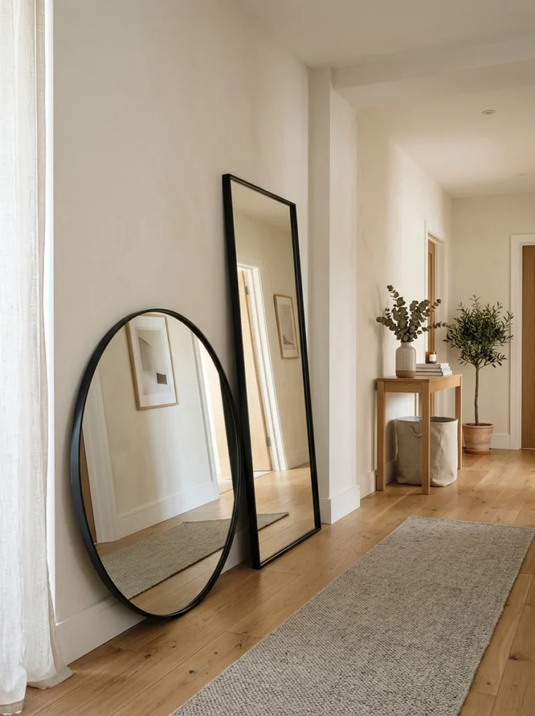 Modern hallway displaying both round and rectangular mirrors for interior decorating inspiration.