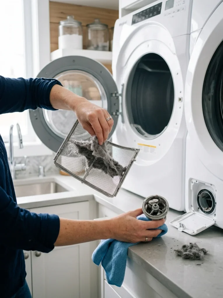 Cleaning dryer lint filter and washer components for better performance.
