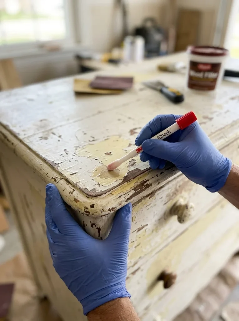 Testing secondhand nursery furniture for lead paint before use.