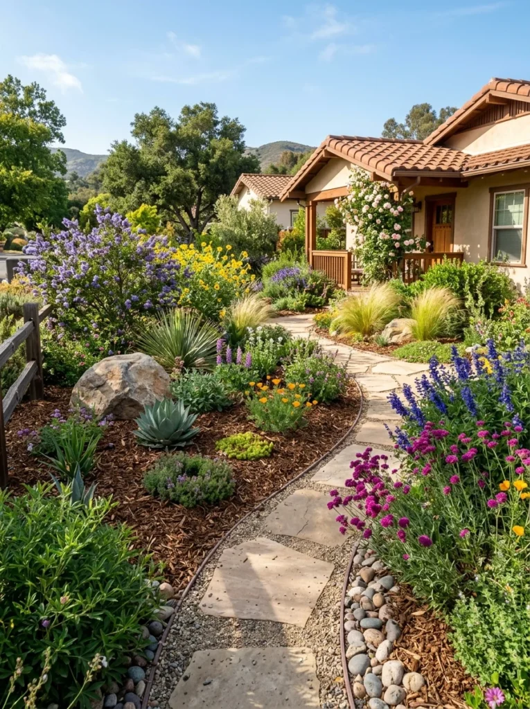 Garden featuring native low-maintenance plants suited to local climate conditions.