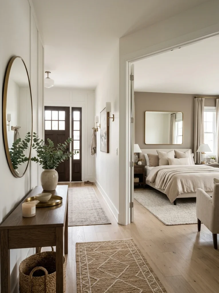 Modern home using both round and rectangular mirrors in different rooms.
