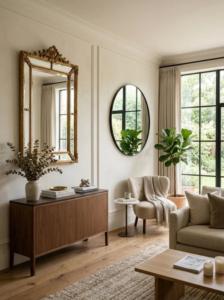 Classic rectangular mirror beside a trendy round mirror in a stylish modern home.