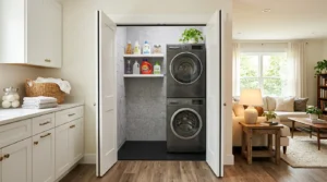 Modern soundproof laundry room beside a living room with stacked washer, acoustic panels, and anti-vibration mat.
