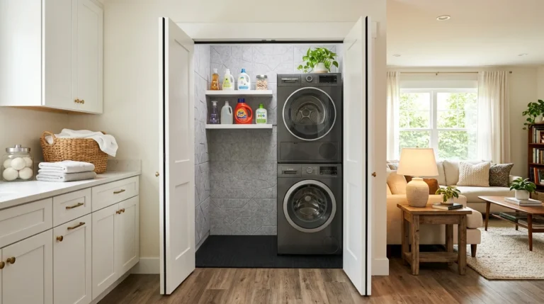 Modern soundproof laundry room beside a living room with stacked washer, acoustic panels, and anti-vibration mat.