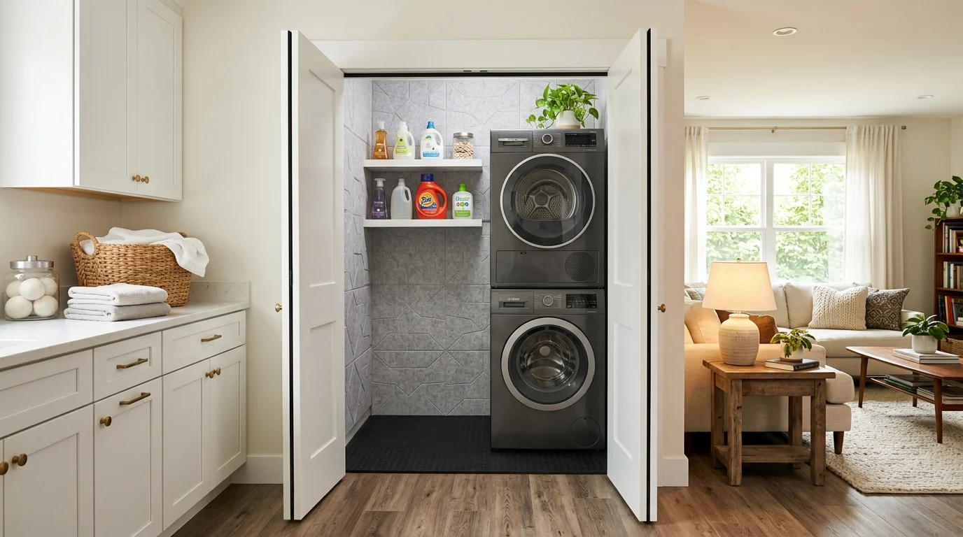 Modern soundproof laundry room beside a living room with stacked washer, acoustic panels, and anti-vibration mat.