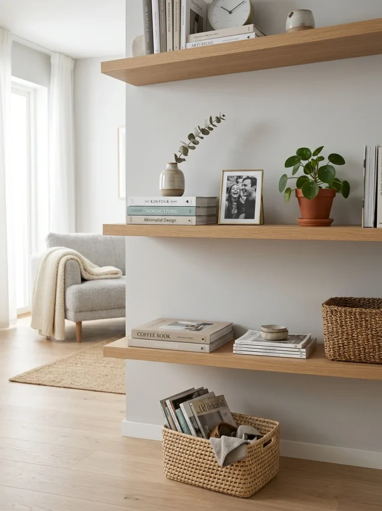 Person styling open shelves in a living room by arranging books, decor, and plants with intentional spacing.