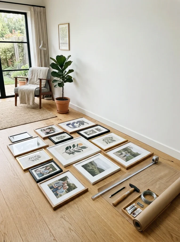 Planning a gallery wall by arranging picture frames on the floor before installation.