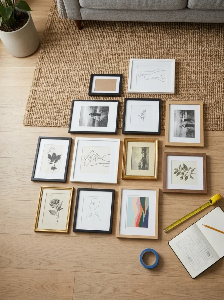 Different picture frames arranged on the floor before creating a mixed gallery wall layout.