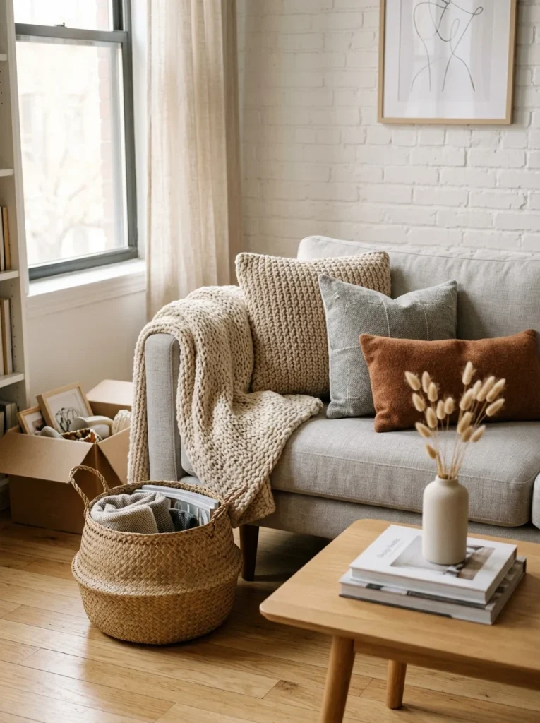 Homeowner styling a cozy living room by balancing different textures without creating visual clutter.