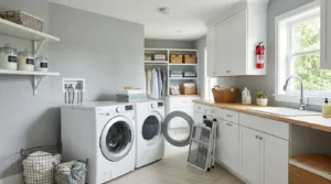 Modern laundry room showing safe appliance setup, lint trap cleaning, organized storage, and fire safety equipment.