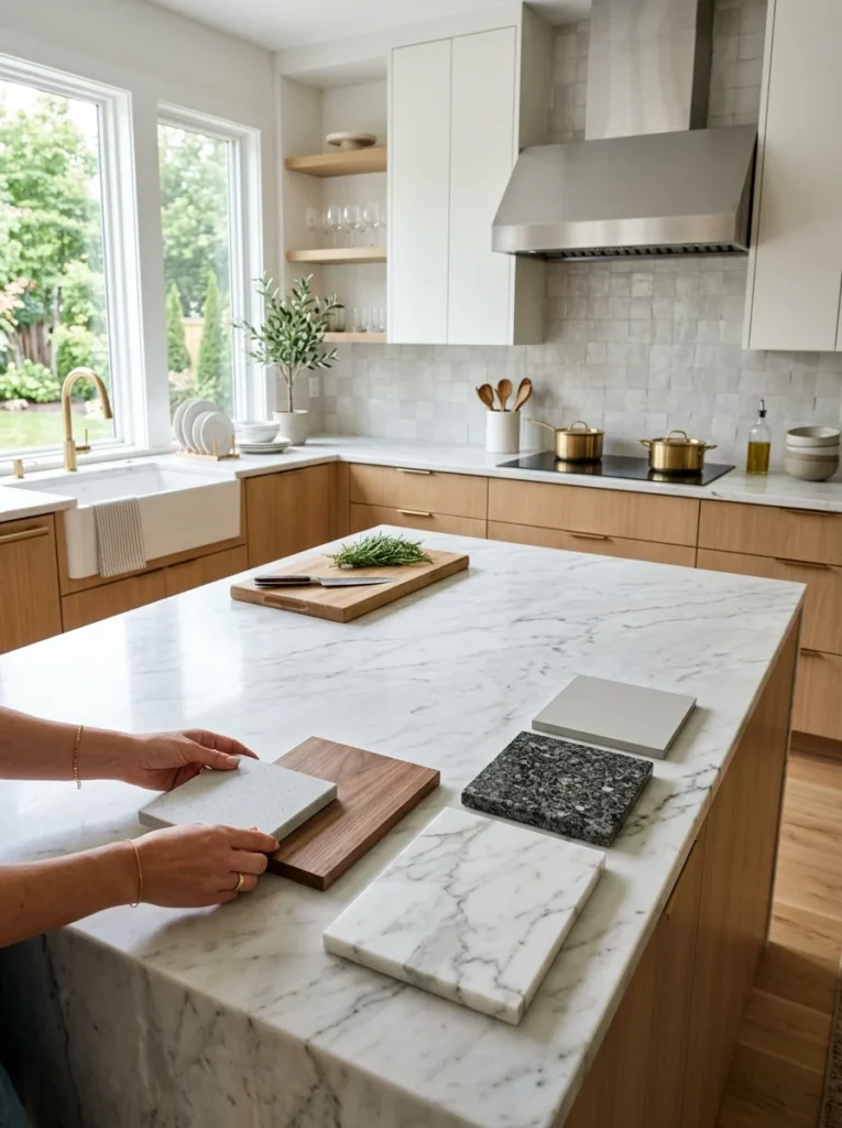 Kitchen countertop material samples displayed for comparing quartz, granite, marble, laminate, and wood options.