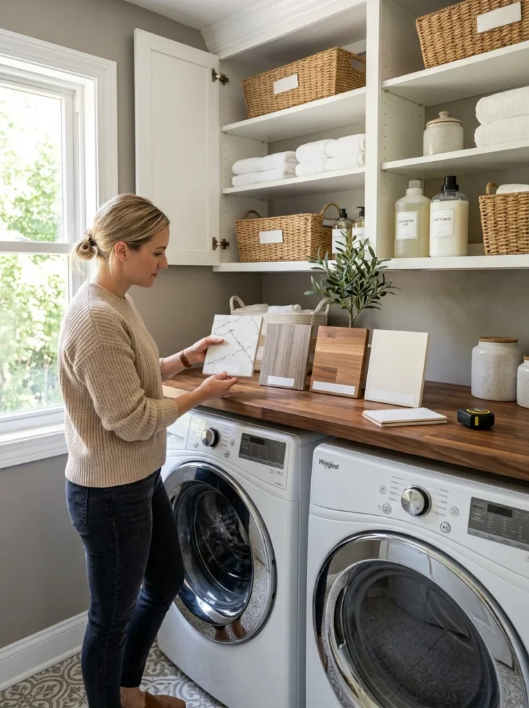 Countertop material samples displayed inside a modern laundry room.