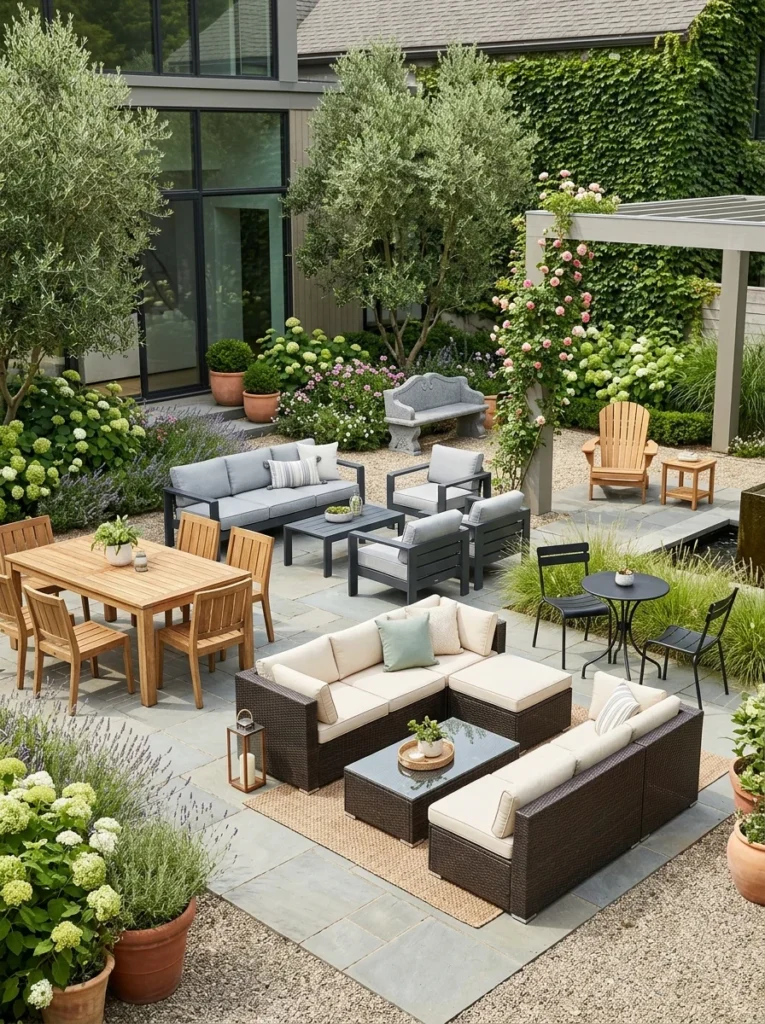 Comparison of popular outdoor furniture materials arranged in a modern backyard patio.