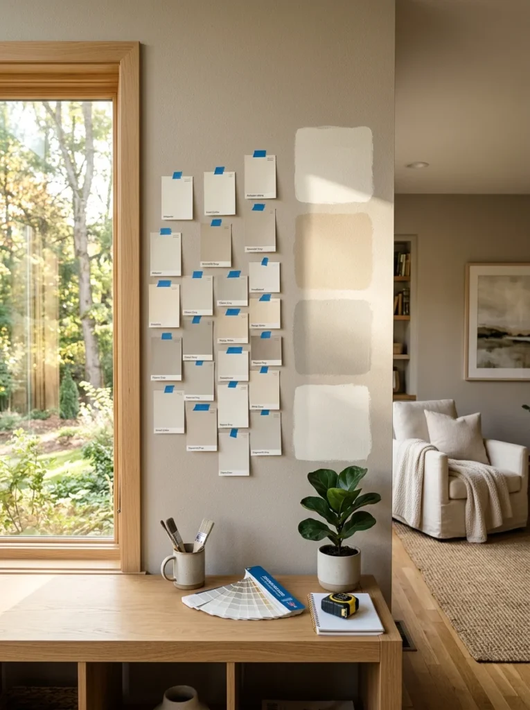 Homeowner comparing paint swatches on a living room wall before choosing the final paint color.