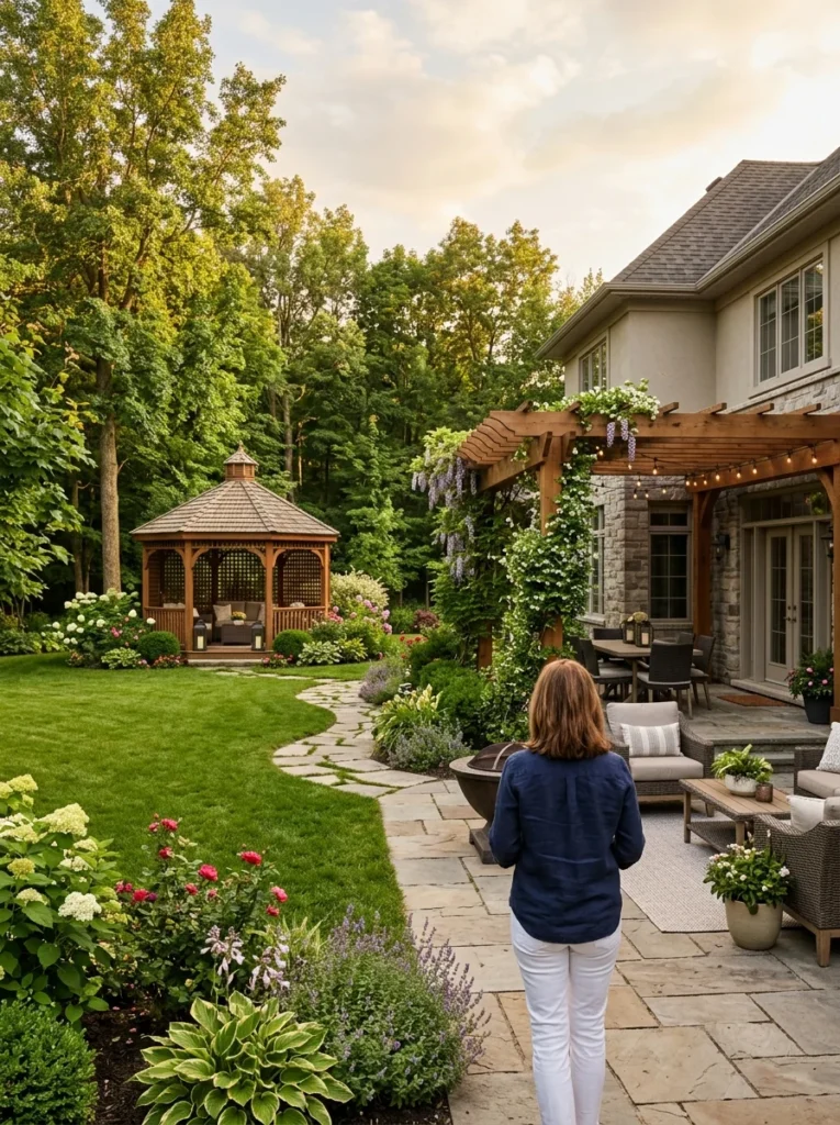 Backyard showing both a pergola and gazebo to help compare outdoor shade structures.