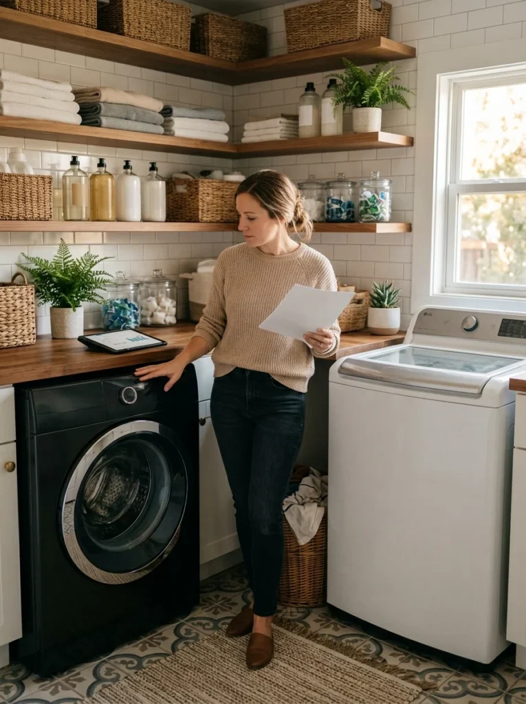 Homeowner comparing front-load and top-load washing machines in a modern laundry room.