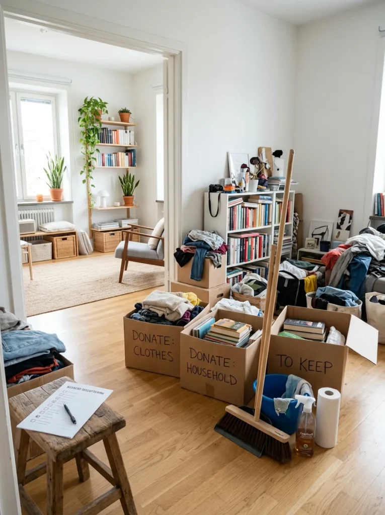 Homeowner preparing for a weekend room-by-room home decluttering session.