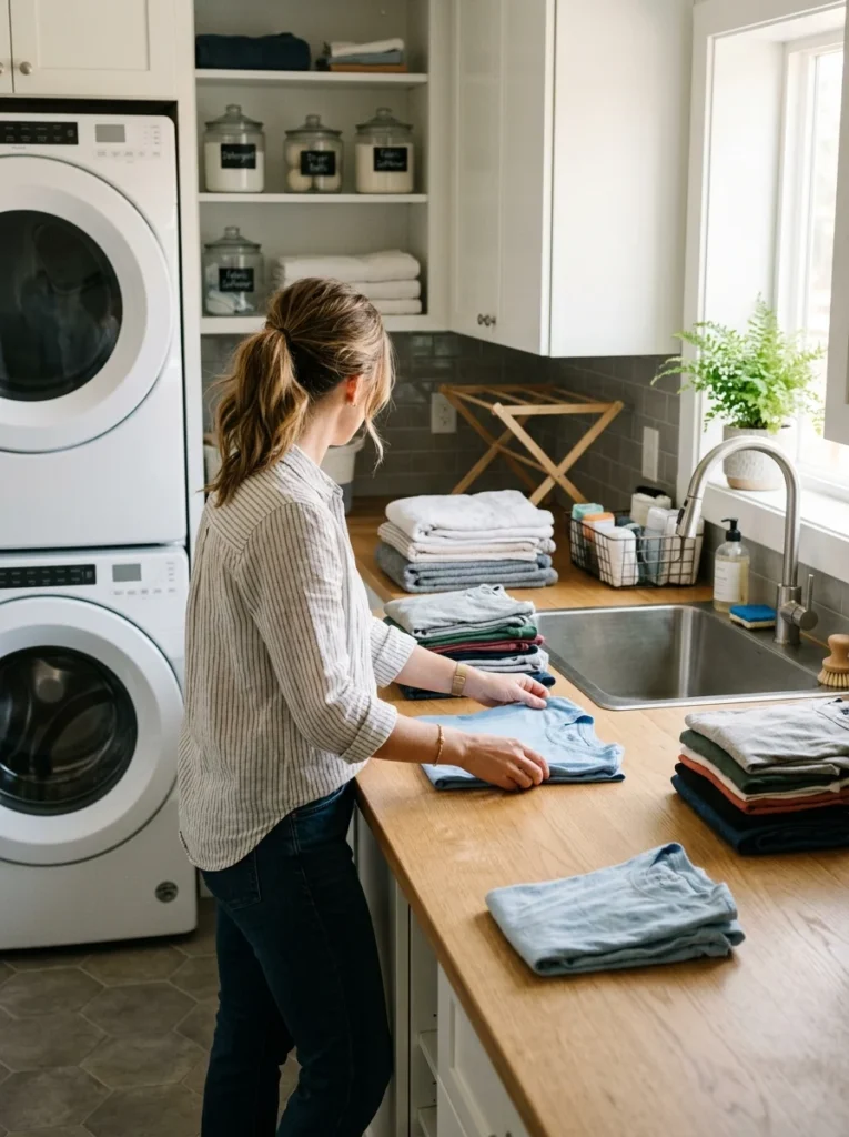 Laundry countertop used for folding clothes and everyday tasks.