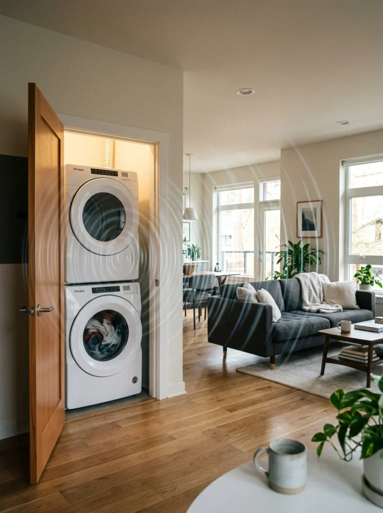 Laundry room beside a living room showing how washer and dryer noise travels into adjacent spaces.