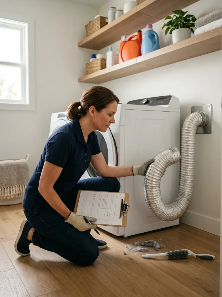 Homeowner inspecting a dryer vent in a clean laundry room to prevent fire hazards.