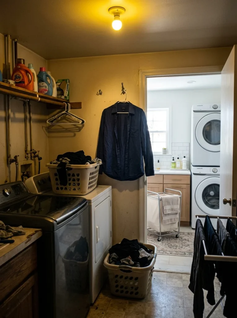 Laundry room with poor lighting compared to a brighter modern laundry space designed for better visibility.