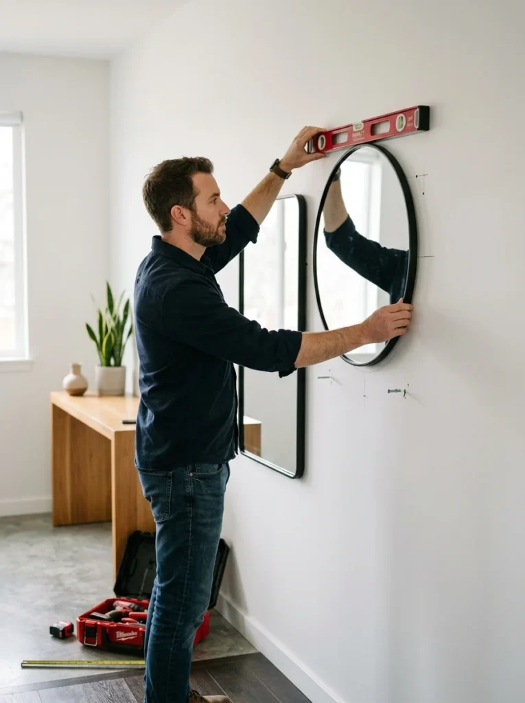 Leveling round and rectangular wall mirrors during installation.