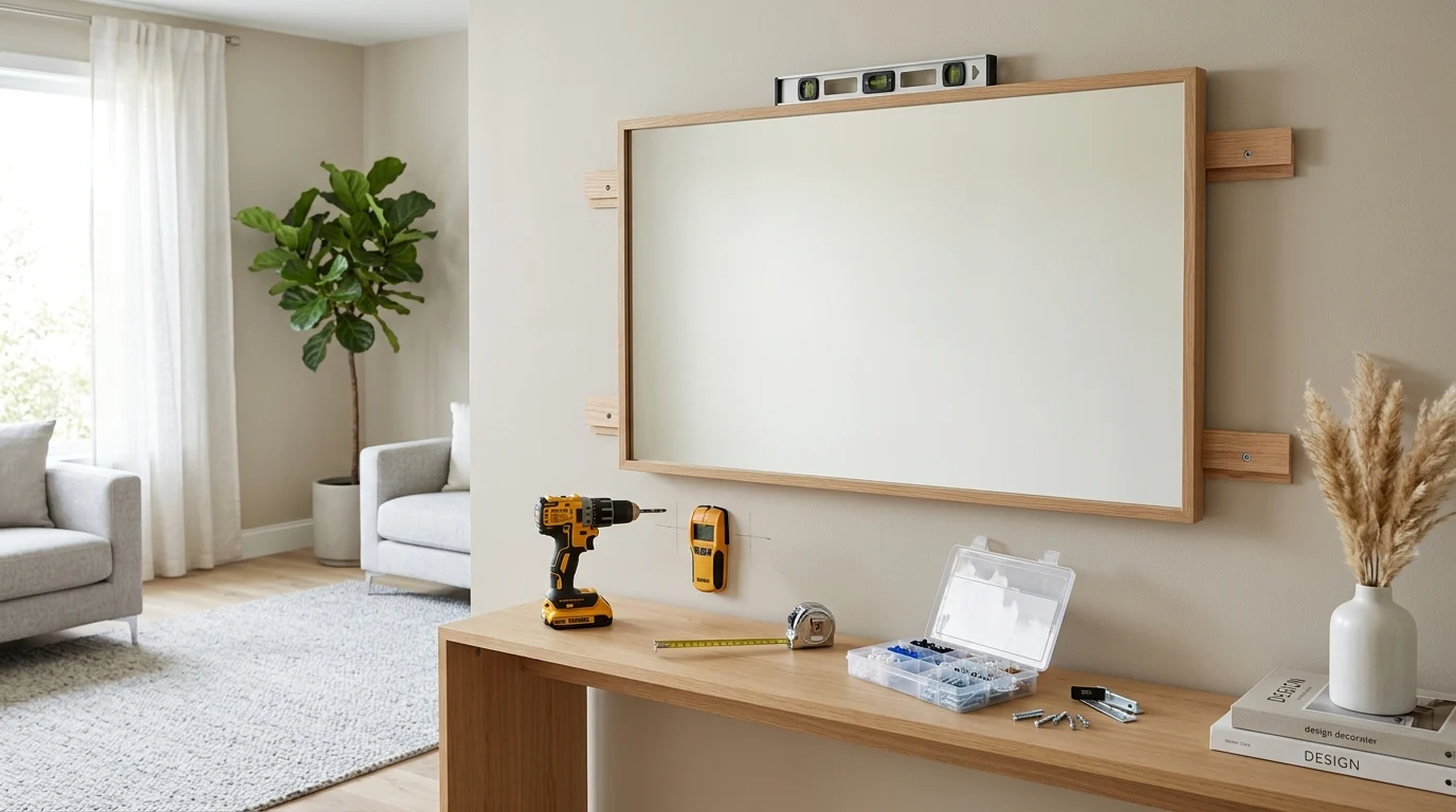 Modern living room showing a heavy wall mirror safely installed using professional mounting hardware.
