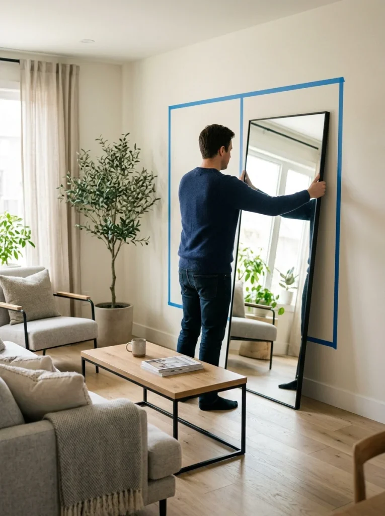 Large mirror temporarily placed against a wall to test natural light reflection.