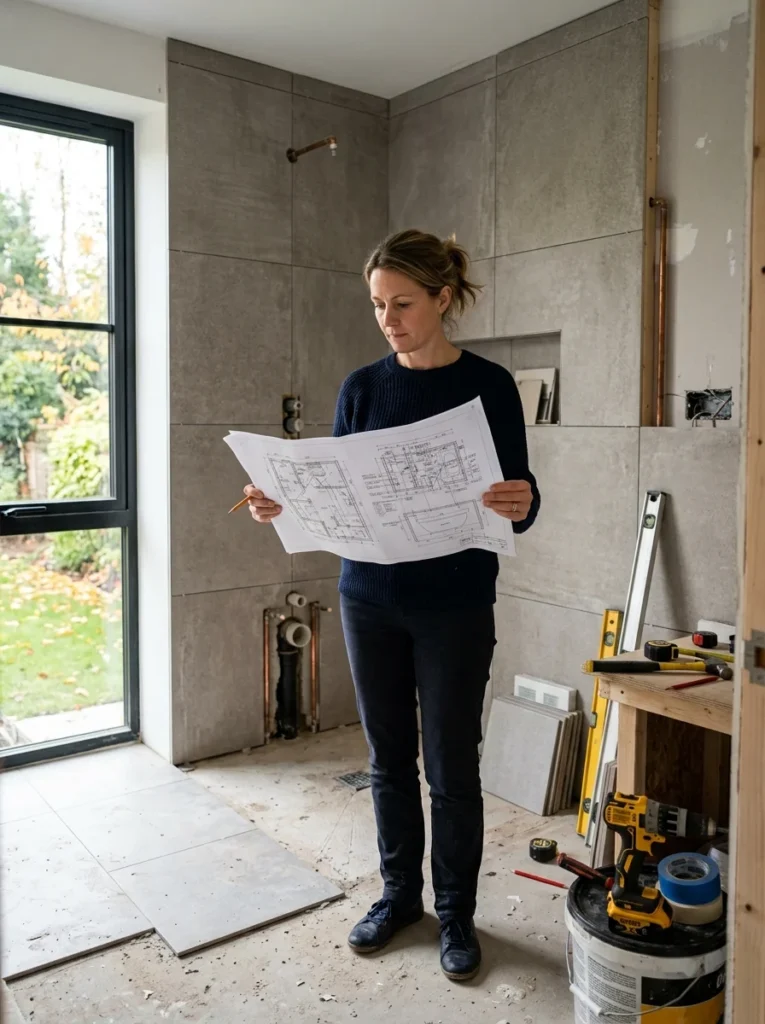 Homeowner deciding between a walk-in shower and bathtub during a bathroom renovation.