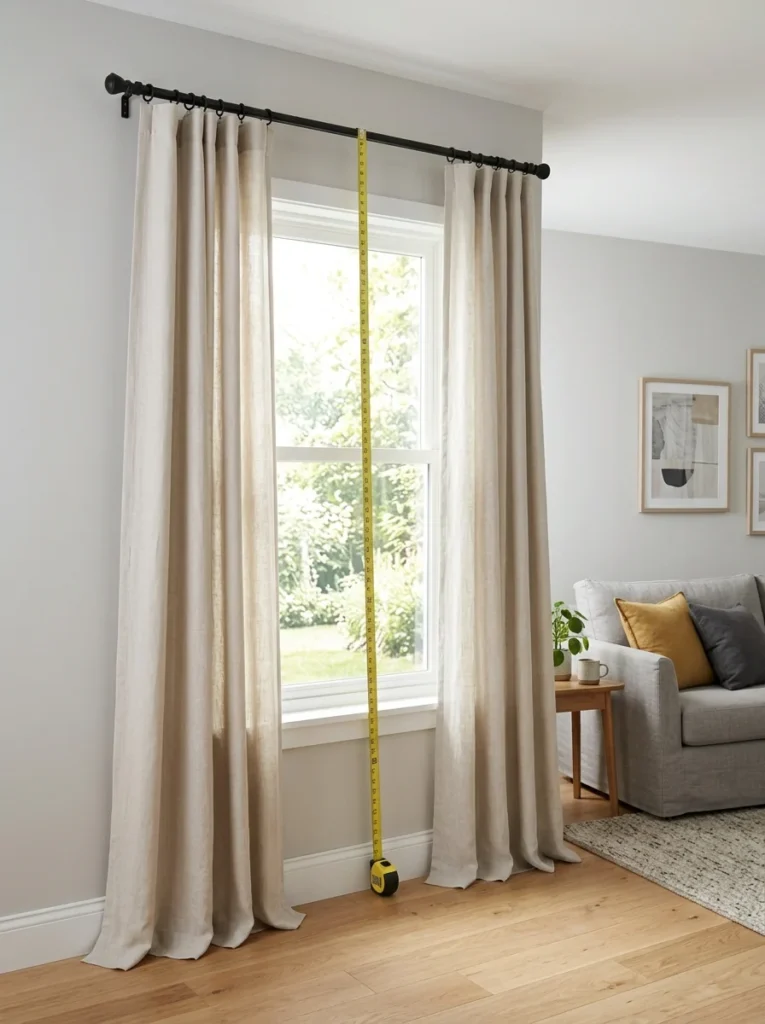 Homeowner measuring curtain length from the curtain rod in a modern living room.