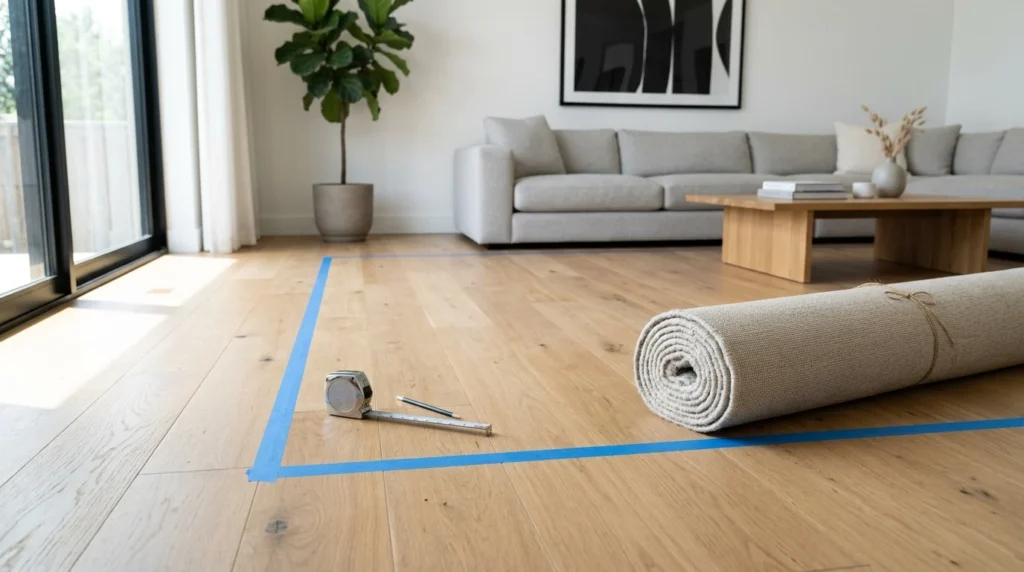 Measuring the floor with painter's tape to determine the correct living room rug size.