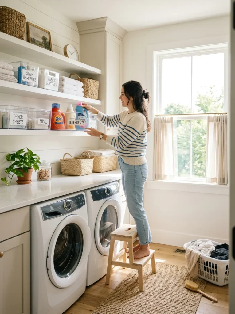 Organizing a cluttered laundry room with labeled storage bins and shelves.