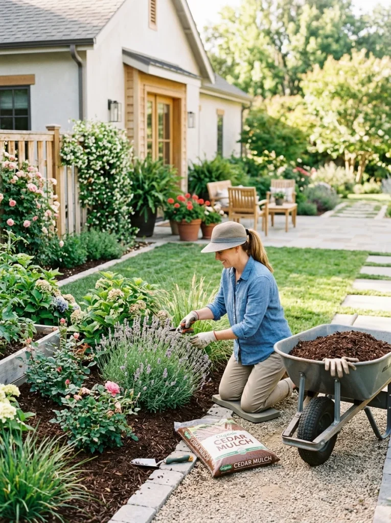 Homeowner completing simple seasonal maintenance in a low-maintenance yard.