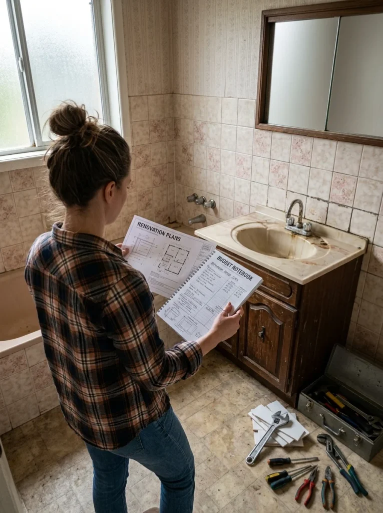 Homeowner planning a budget bathroom renovation in an outdated bathroom with renovation checklist and tools.
