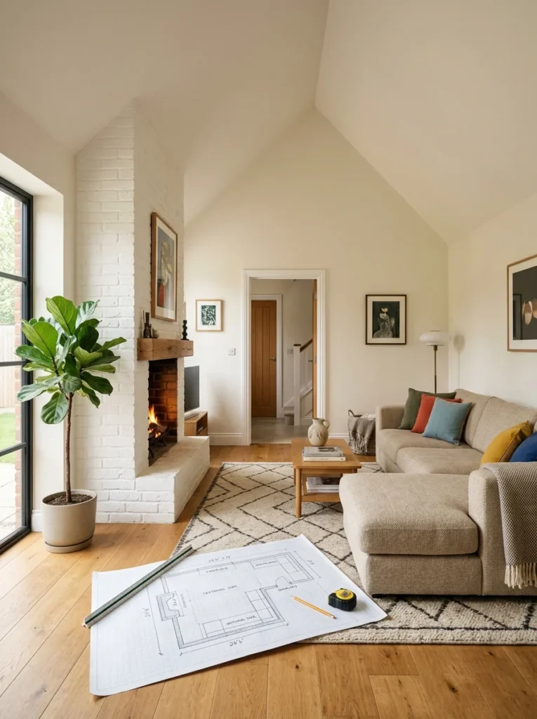 Homeowner planning the placement of a sectional sofa inside an awkward living room with unusual architectural features.