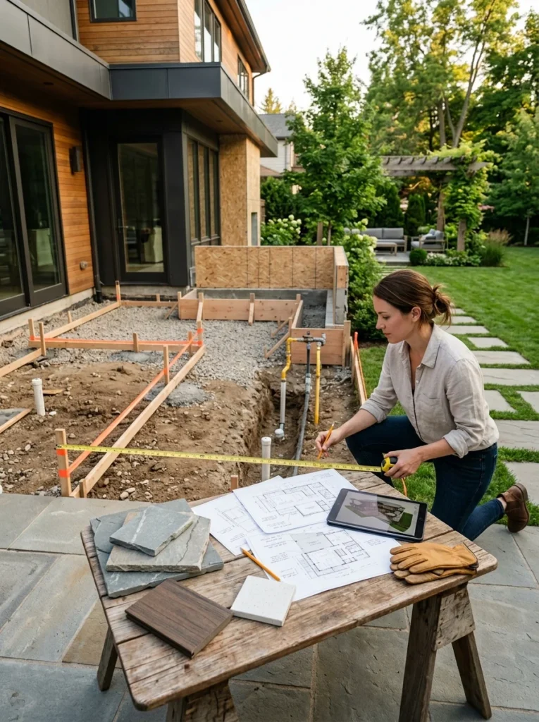 Backyard outdoor kitchen planning with layout drawings, measurements, and design materials before construction begins.